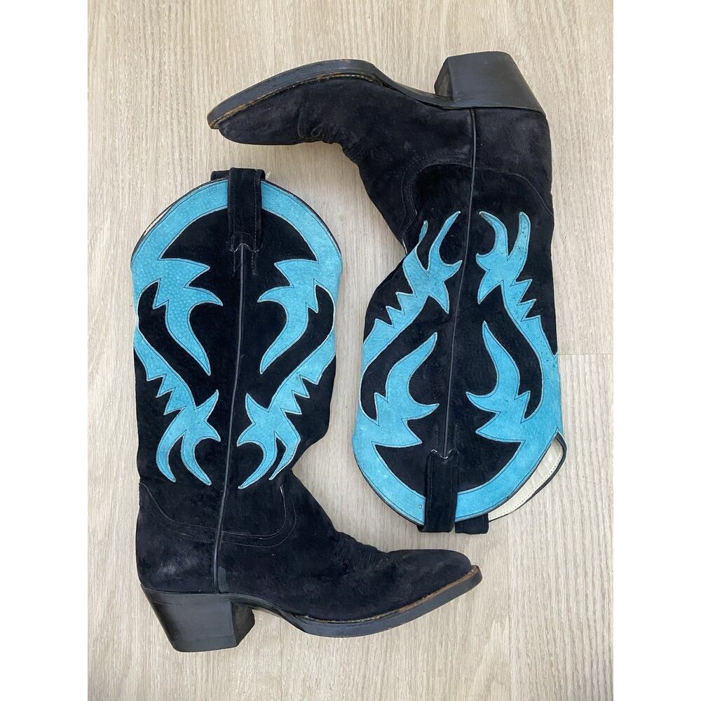Vintage Larry Mahan Women’s Suede Leather Western Cowboy Boots Black‎ Teal Sz 4B